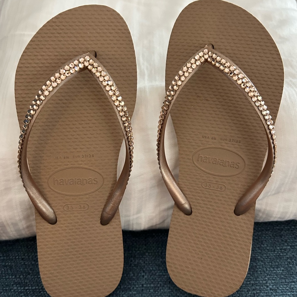 Havaianas Tan Flip Flops with Rhinestones